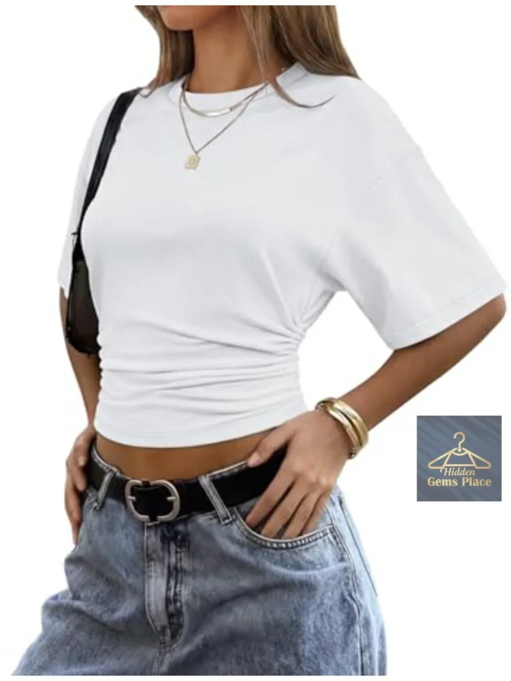 Crop tee ruched waist batwing short sleeve slim fitted basic t-shirt going out - Picture 2 of 5